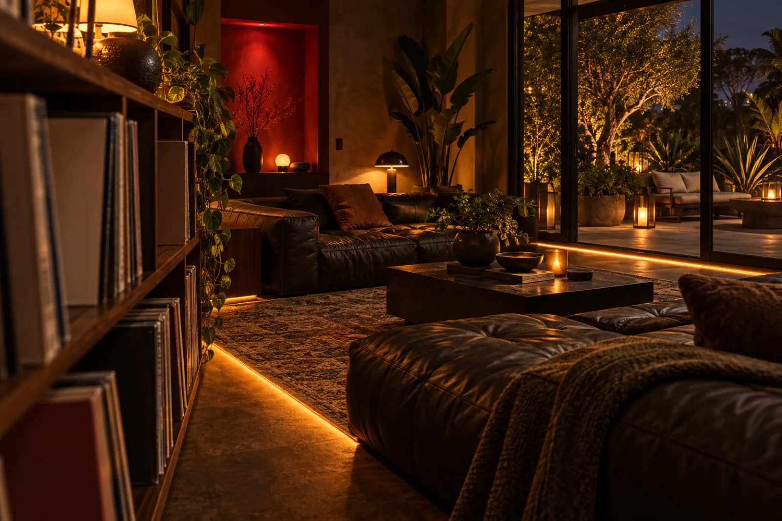 A relaxed hangout area with low sofas and warm amber light lines.