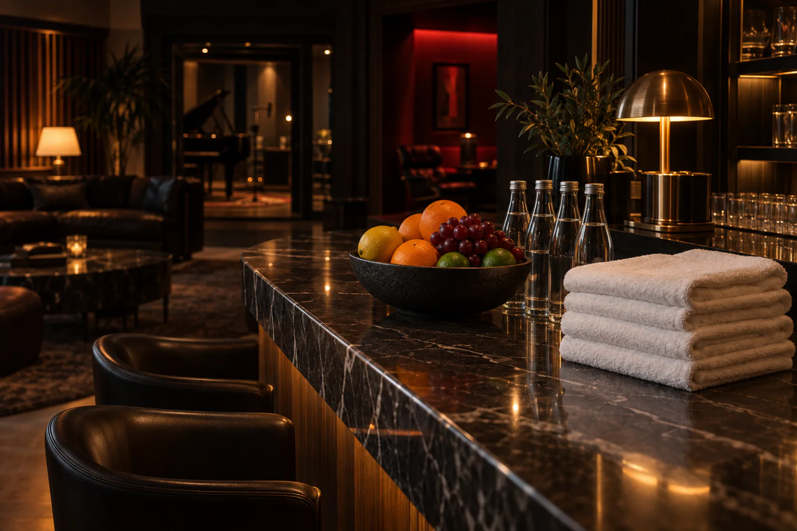 A spotless lounge and bar corner prepared ahead of a session.