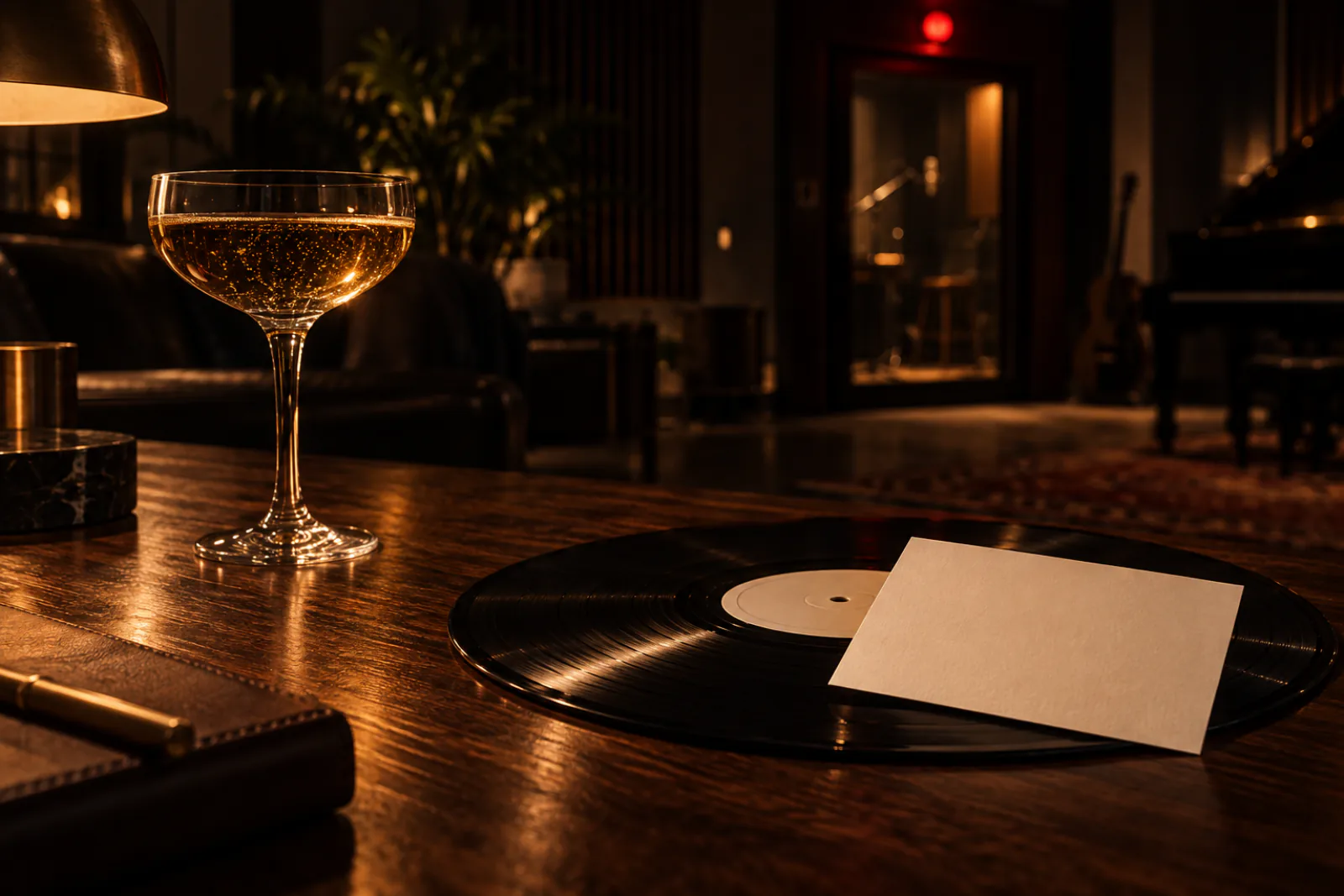 A curated welcome moment left out for a member on a dark wood table.