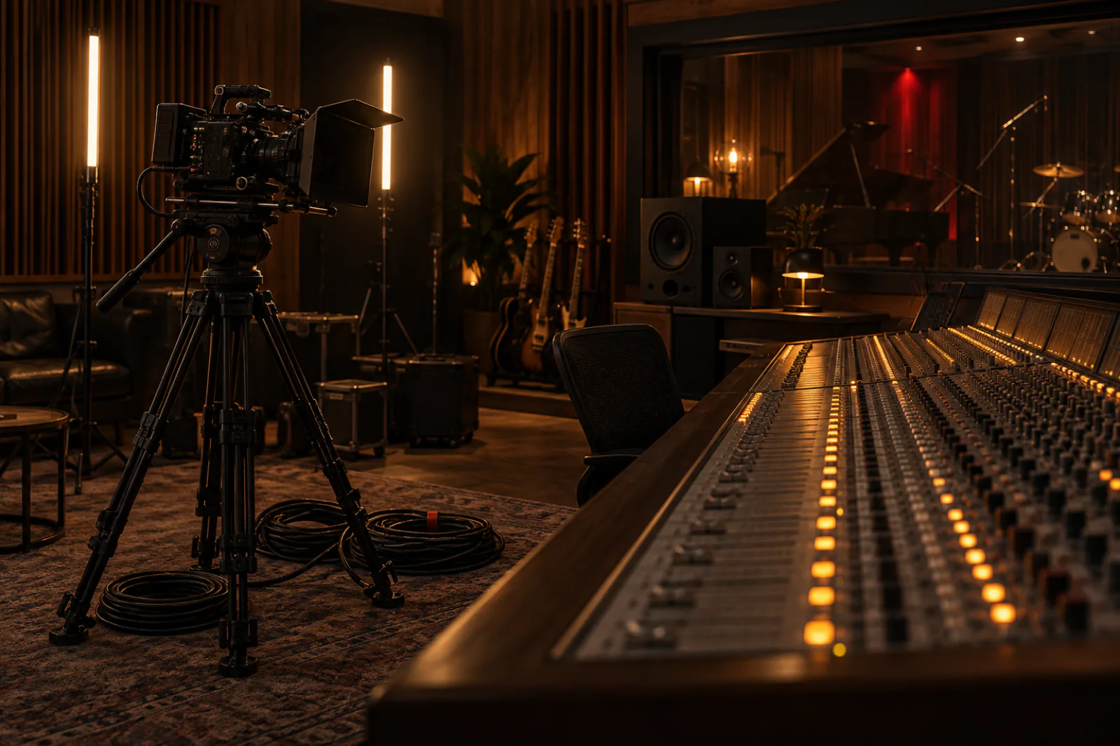 A studio control room set up and lit, ready for a session.